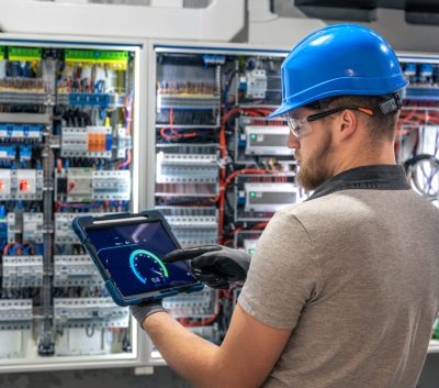 A man in safety gear interacts with a tablet in front of an open switchboard. A moment of modern digital diagnostics in a technical indoor space. SSUCv3H4sIAAAAAAAAA41Py46DMAz8F59BAhJawa9UewiJS60CqRLTaoXy7+tQql43p3nEnvEG5KCH03BuO2WrUte6Kev6WpWDbZpSq061rerQXB0U4Awj9LXKqtLnTldNW8krYDCRLPQb0DStkYNh8gv04gRcHIYdoiP2gcwkLBUQ2fAaMcqYMCu7R3F3/tl32bIuBSU8rkMGqfin9lOAGXGxv3l/ykUmNHvcRaz7izHMR7bnW66Y4SOQpWU8Oskpfn7jxXOe3RPY2zu5Y/h9xo1EDTkL1sfkjUN32OswE/OHBnwSvr6/U0p/tNOpsoQBAAA=